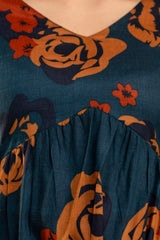 Dark Teal Oversized Floral Cotton Tunic Top – Long Sleeve for Women