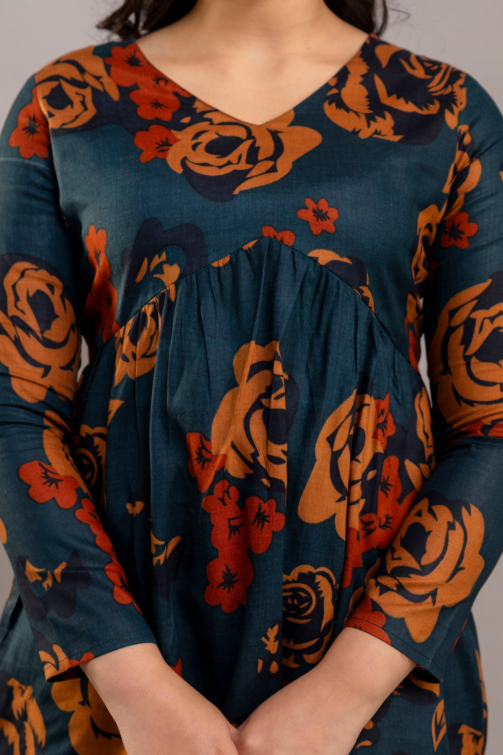 Dark Teal Oversized Floral Cotton Tunic Top – Long Sleeve for Women