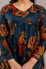 Dark Teal Oversized Floral Cotton Tunic Top – Long Sleeve for Women