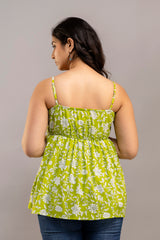 Lime Green Sleeveless Cotton Top – Floral Print with Spaghetti Straps