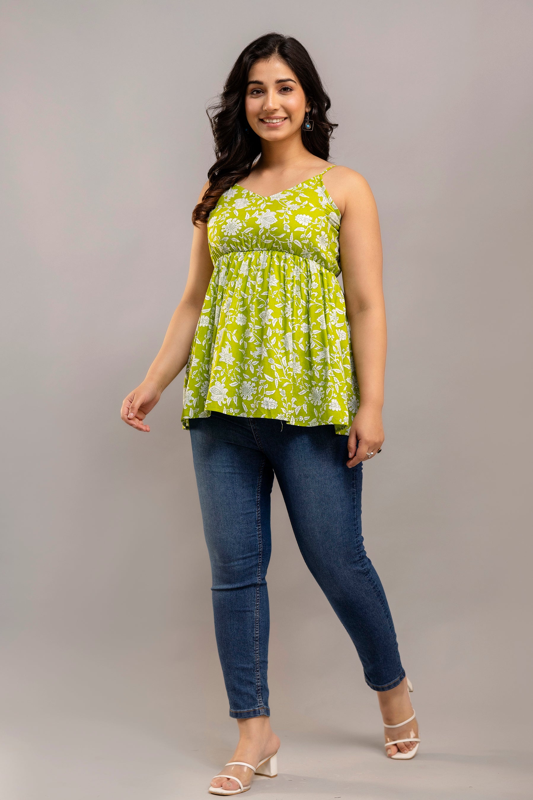 Lime Green Sleeveless Cotton Top – Floral Print with Spaghetti Straps