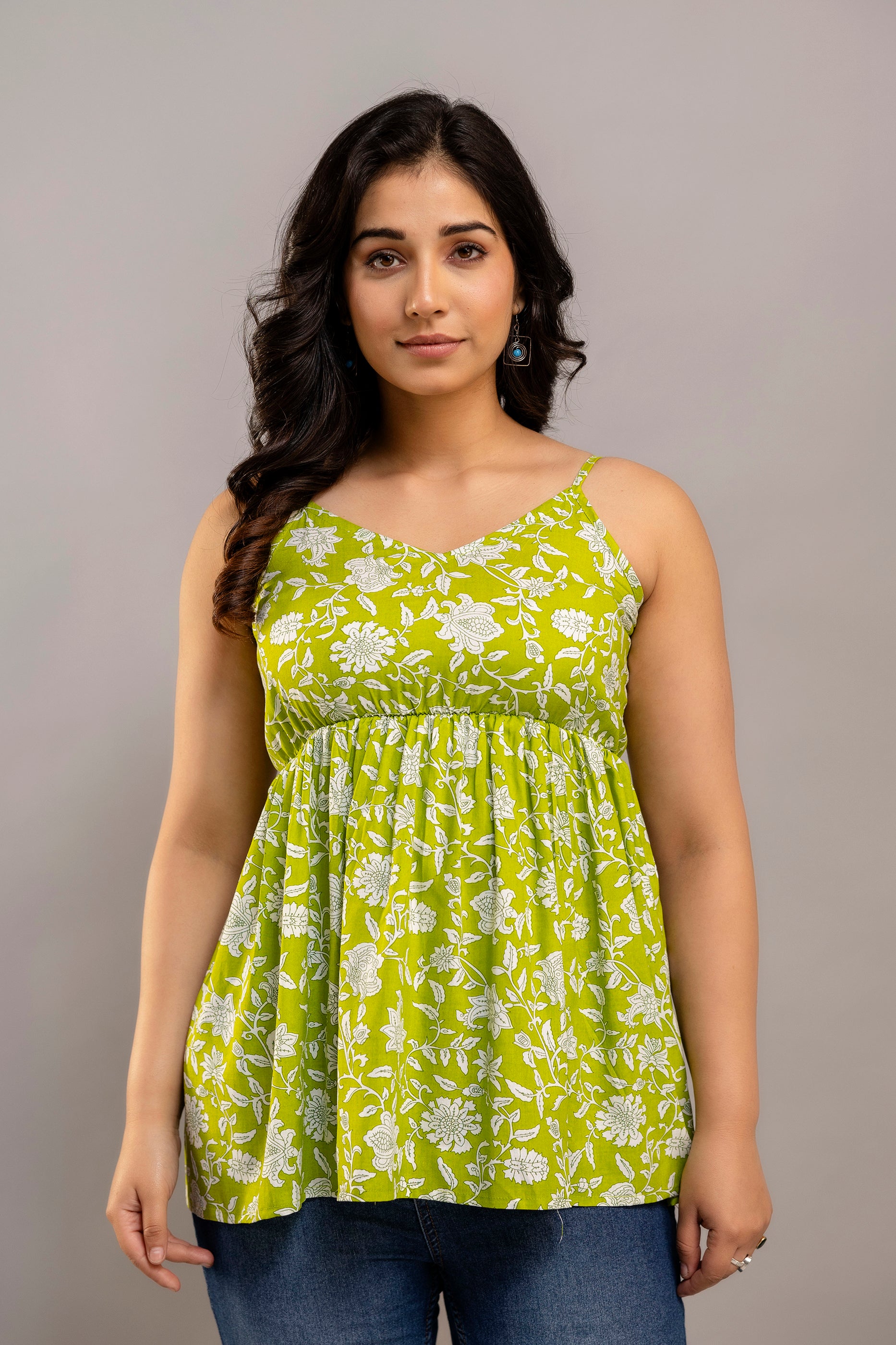 Lime Green Sleeveless Cotton Top – Floral Print with Spaghetti Straps