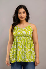 Lime Green Sleeveless Cotton Top – Floral Print with Spaghetti Straps