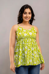 Lime Green Sleeveless Cotton Top – Floral Print with Spaghetti Straps