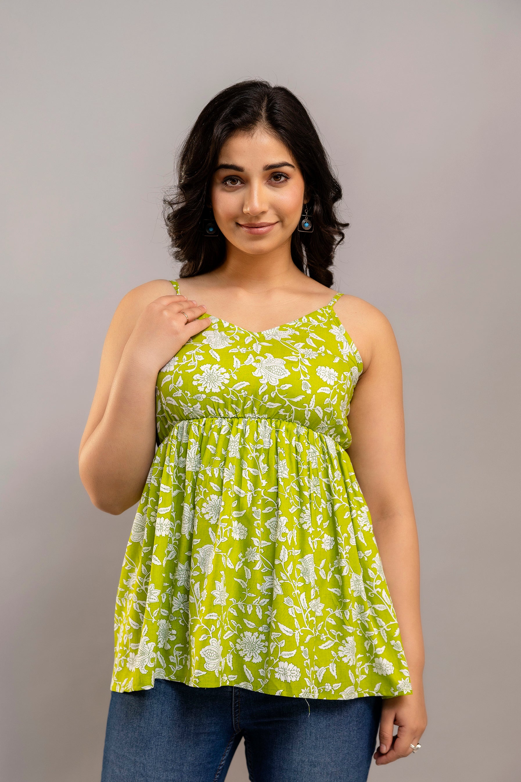 Lime Green Sleeveless Cotton Top – Floral Print with Spaghetti Straps