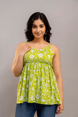 Lime Green Sleeveless Cotton Top – Floral Print with Spaghetti Straps