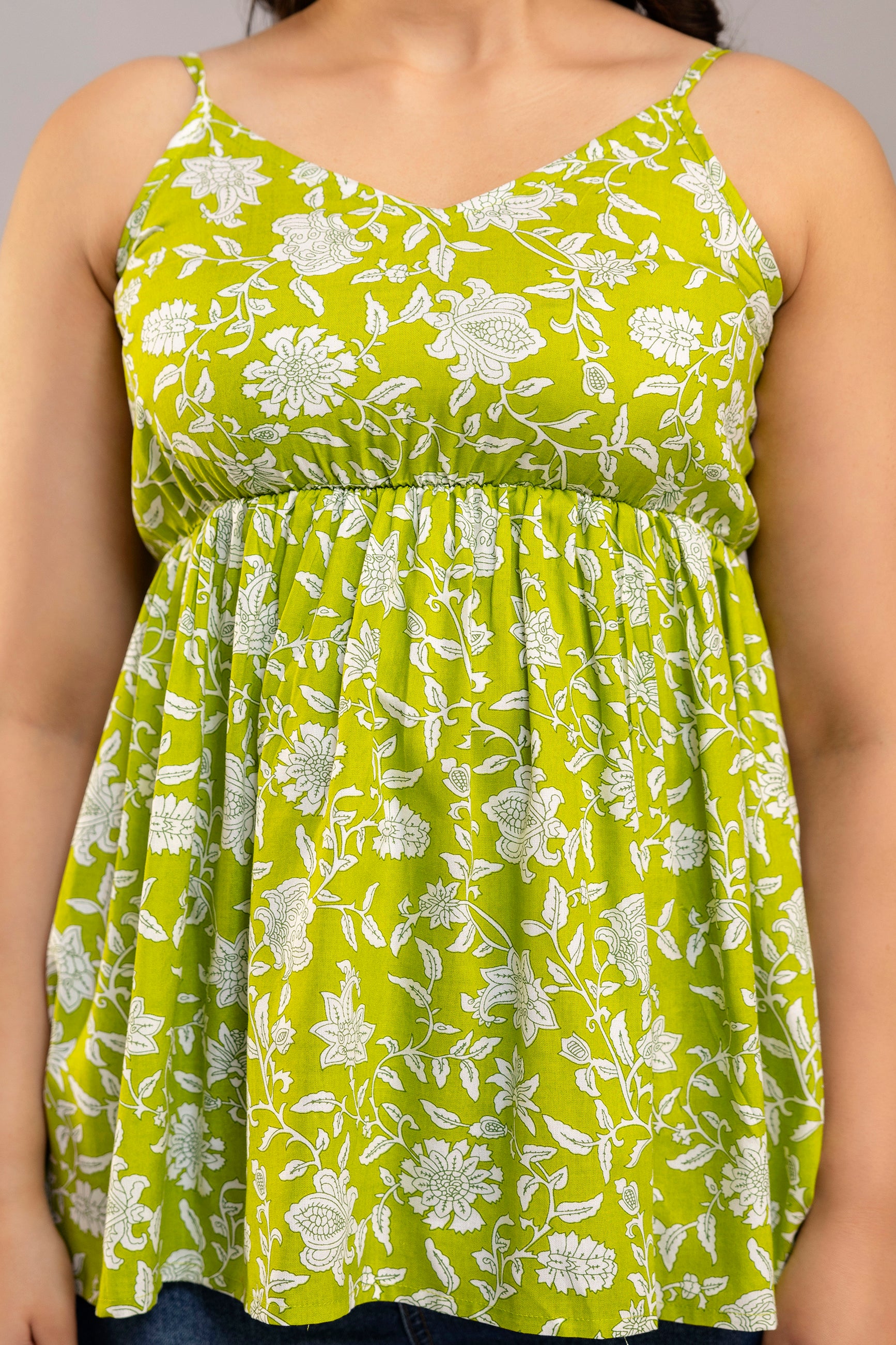 Lime Green Sleeveless Cotton Top – Floral Print with Spaghetti Straps