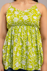 Lime Green Sleeveless Cotton Top – Floral Print with Spaghetti Straps