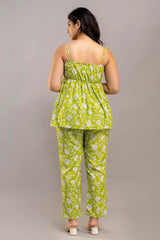 Lime Green Cotton Co-Ord Set – Floral Print Long Sleeve Top & Pants