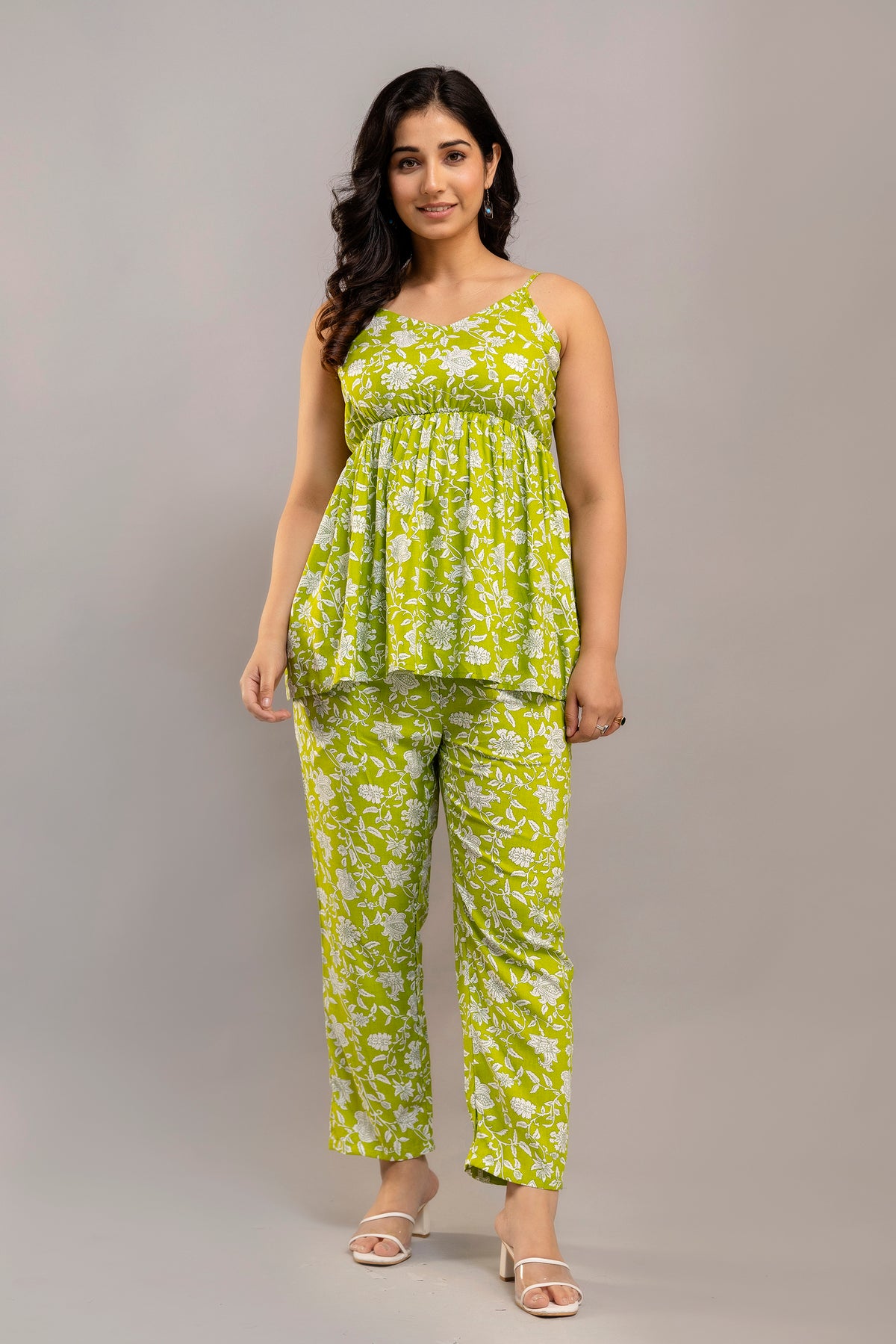 Lime Green Cotton Co-Ord Set – Floral Print Long Sleeve Top & Pants