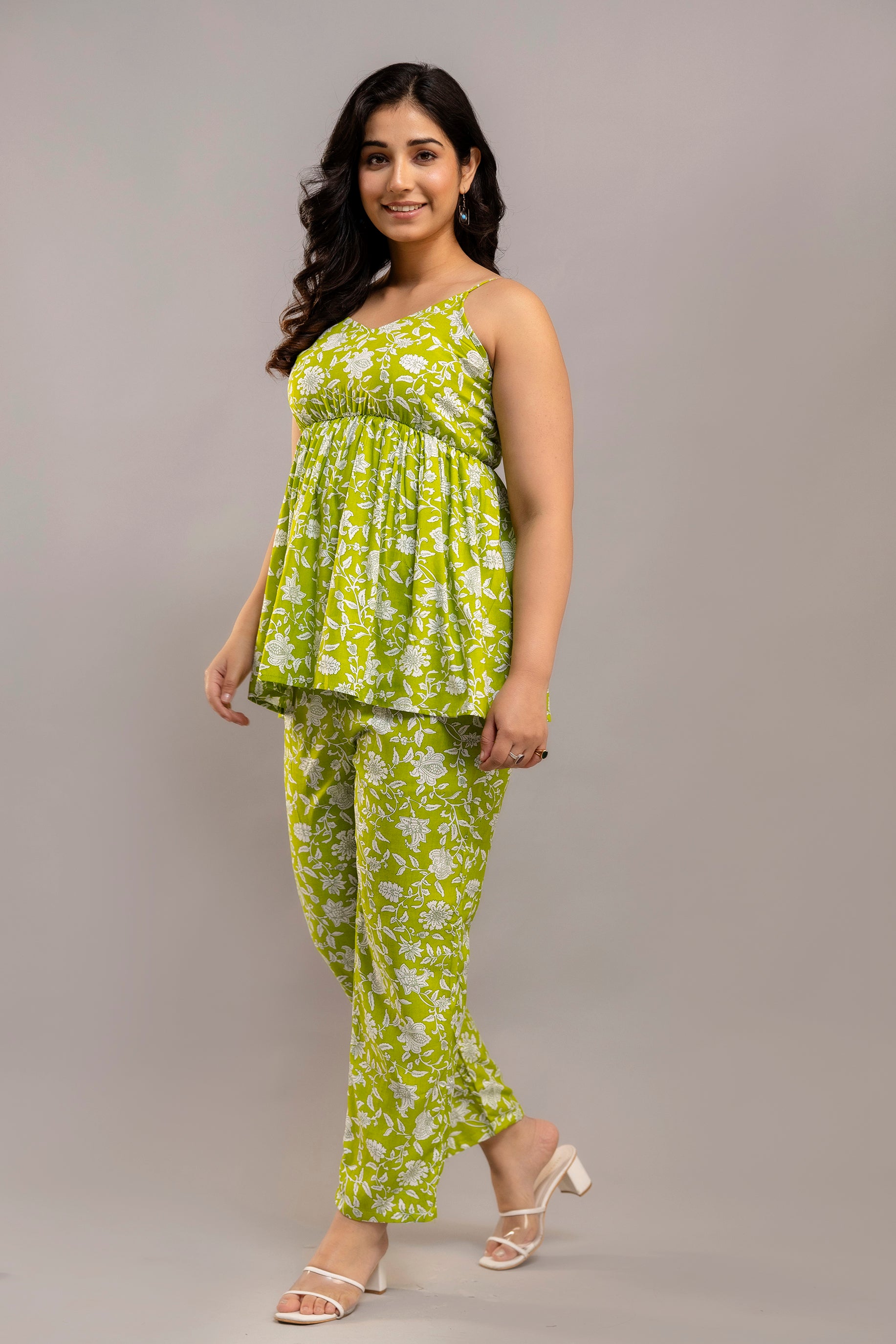 Lime Green Cotton Co-Ord Set – Floral Print Long Sleeve Top & Pants