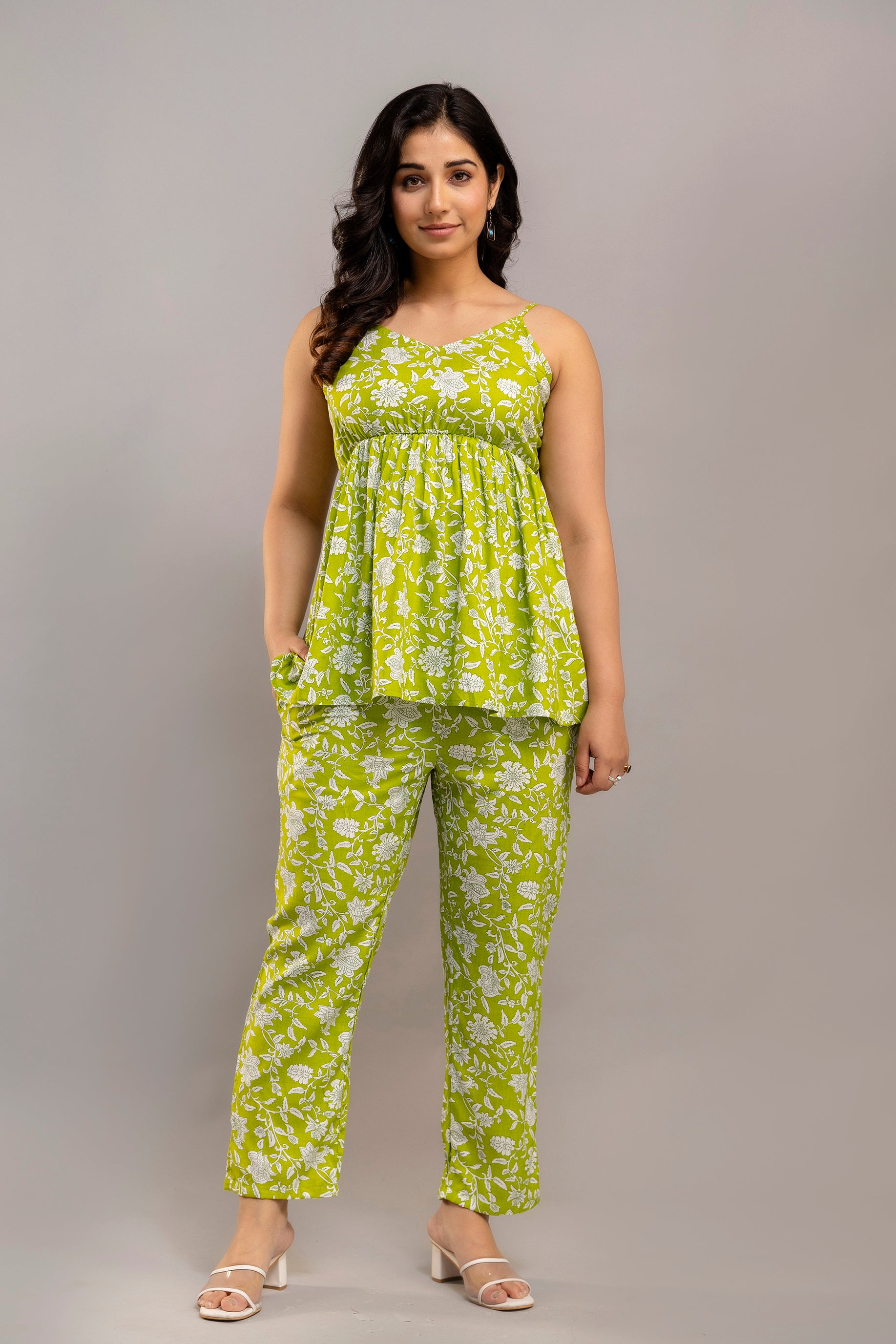 Lime Green Cotton Co-Ord Set – Floral Print Long Sleeve Top & Pants