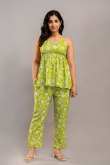 Lime Green Cotton Co-Ord Set – Floral Print Long Sleeve Top & Pants