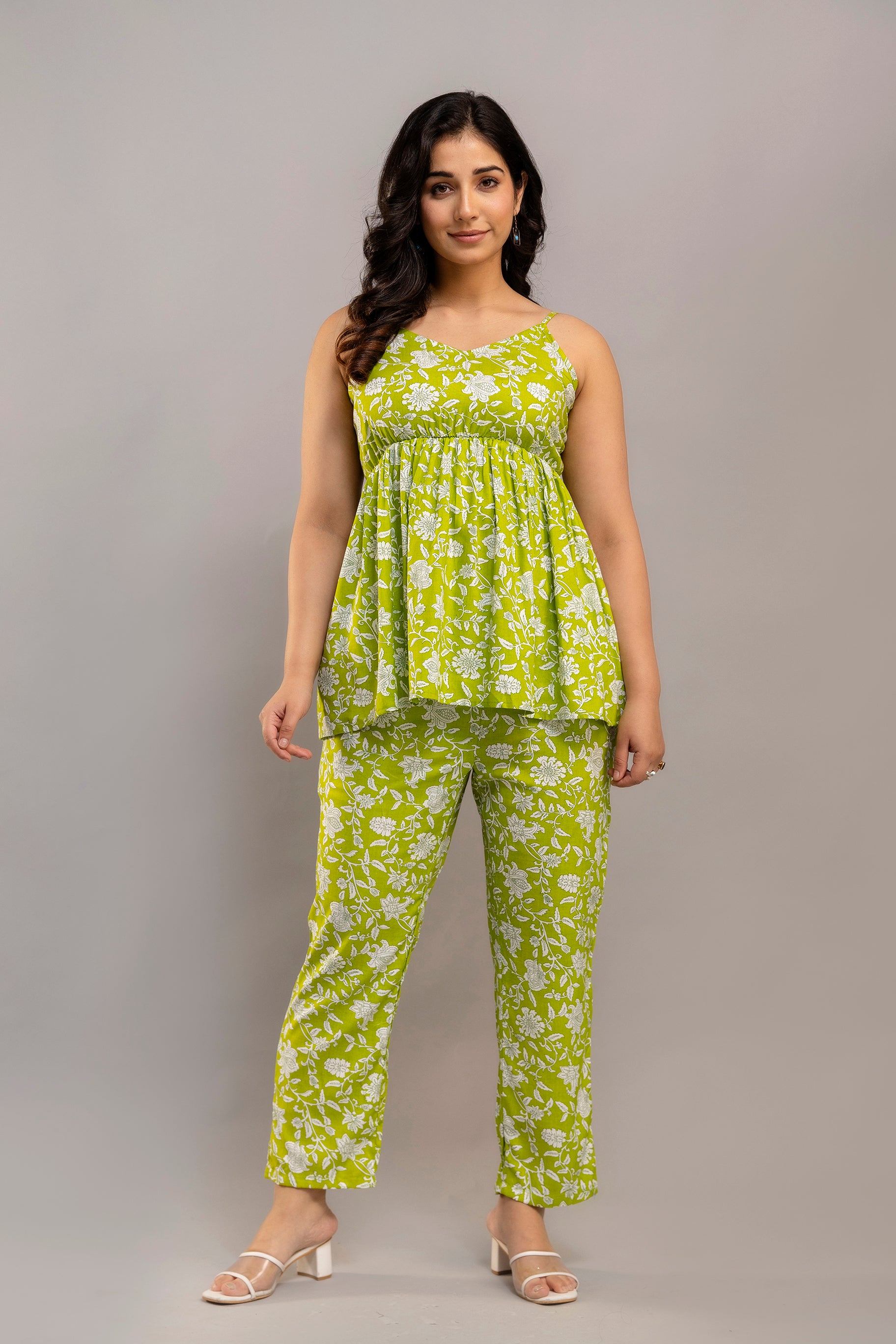Lime Green Cotton Co-Ord Set – Floral Print Long Sleeve Top & Pants