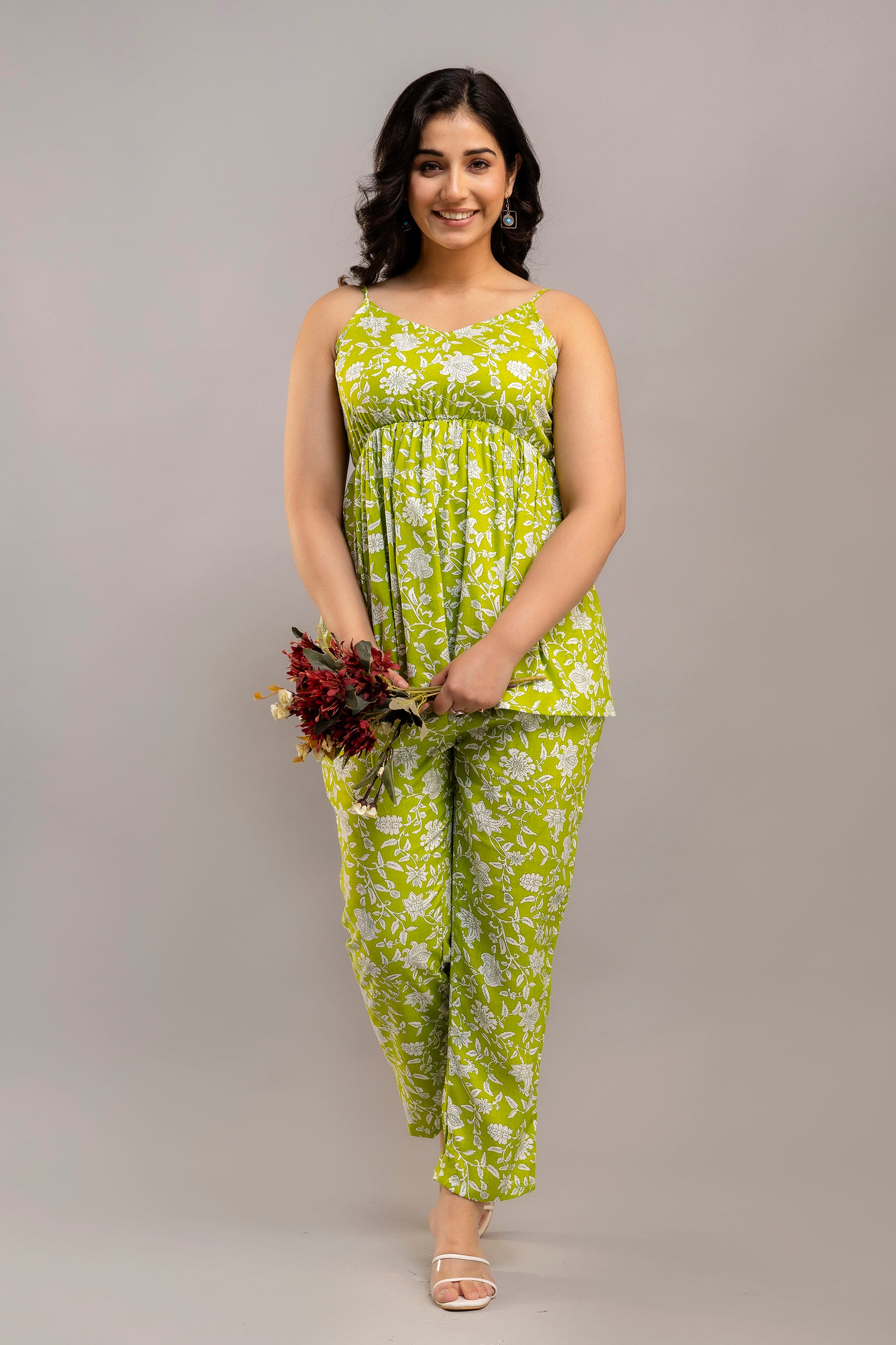 Lime Green Cotton Co-Ord Set – Floral Print Long Sleeve Top & Pants