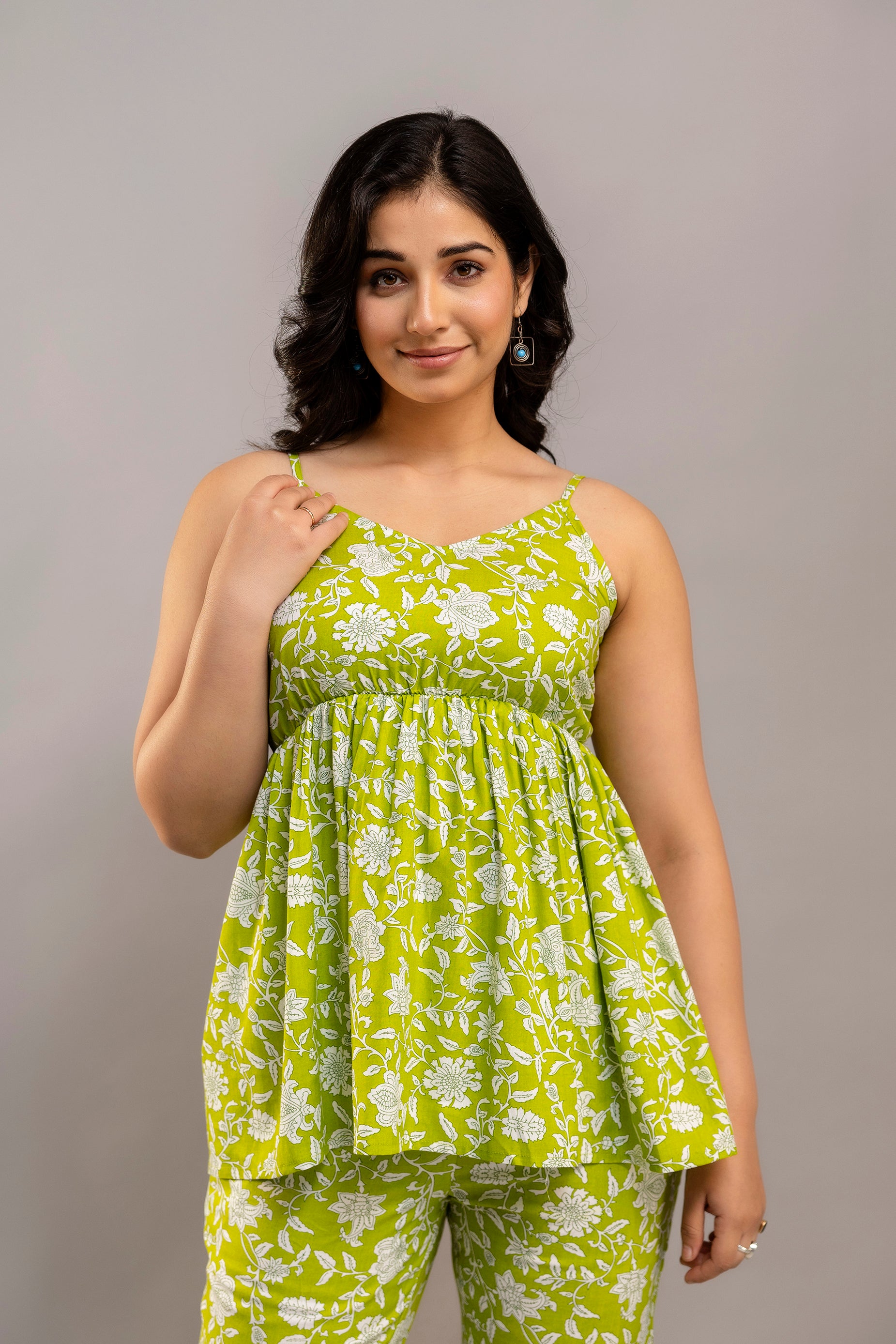 Lime Green Cotton Co-Ord Set – Floral Print Long Sleeve Top & Pants