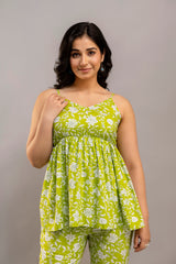 Lime Green Cotton Co-Ord Set – Floral Print Long Sleeve Top & Pants
