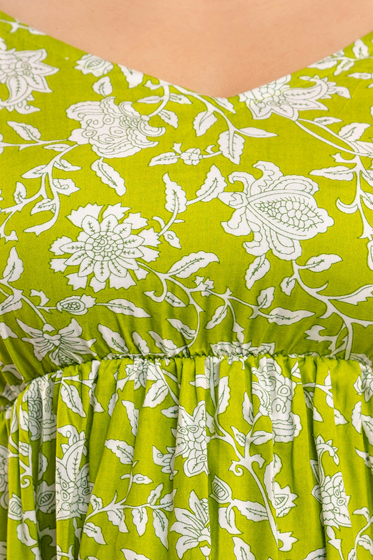 Lime Green Cotton Co-Ord Set – Floral Print Long Sleeve Top & Pants