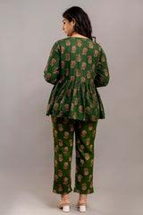 Dark Green Cotton Co-Ord Set – Long Sleeve Floral Top & Pants