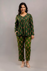 Dark Green Cotton Co-Ord Set – Long Sleeve Floral Top & Pants