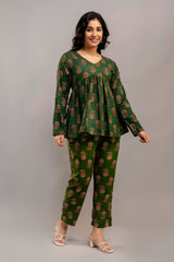 Dark Green Cotton Co-Ord Set – Long Sleeve Floral Top & Pants