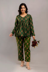 Dark Green Cotton Co-Ord Set – Long Sleeve Floral Top & Pants