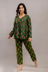 Dark Green Cotton Co-Ord Set – Long Sleeve Floral Top & Pants