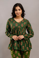 Dark Green Cotton Co-Ord Set – Long Sleeve Floral Top & Pants