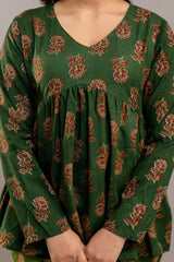 Dark Green Cotton Co-Ord Set – Long Sleeve Floral Top & Pants