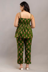 Dark Green Cotton Sleeveless Co-Ord Set – Floral Top & Pants