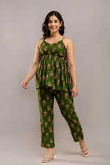 Dark Green Cotton Sleeveless Co-Ord Set – Floral Top & Pants