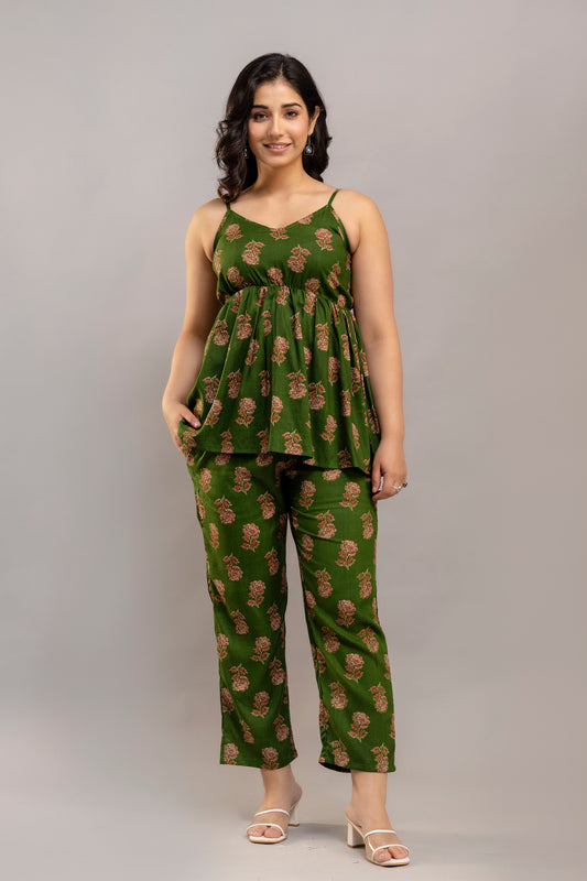 Dark Green Cotton Sleeveless Co-Ord Set – Floral Top & Pants