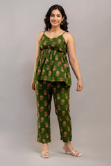 Dark Green Cotton Sleeveless Co-Ord Set – Floral Top & Pants