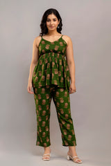 Dark Green Cotton Sleeveless Co-Ord Set – Floral Top & Pants