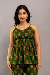 Dark Green Cotton Sleeveless Co-Ord Set – Floral Top & Pants
