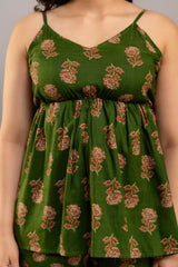 Dark Green Cotton Sleeveless Co-Ord Set – Floral Top & Pants
