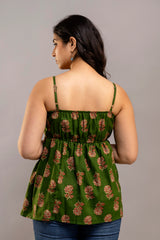 Green Floral Cotton Sleeveless Flared Top for Women