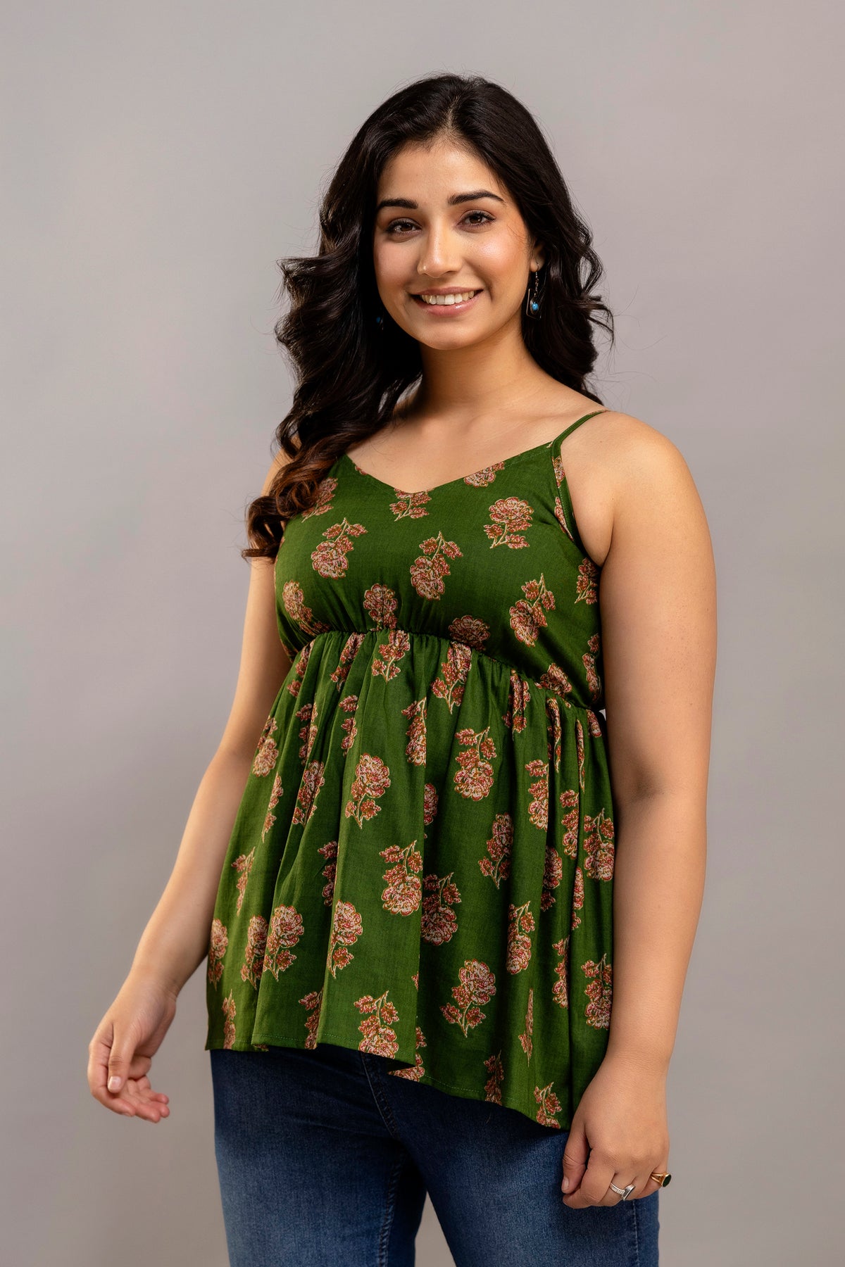 Green Floral Cotton Sleeveless Flared Top for Women