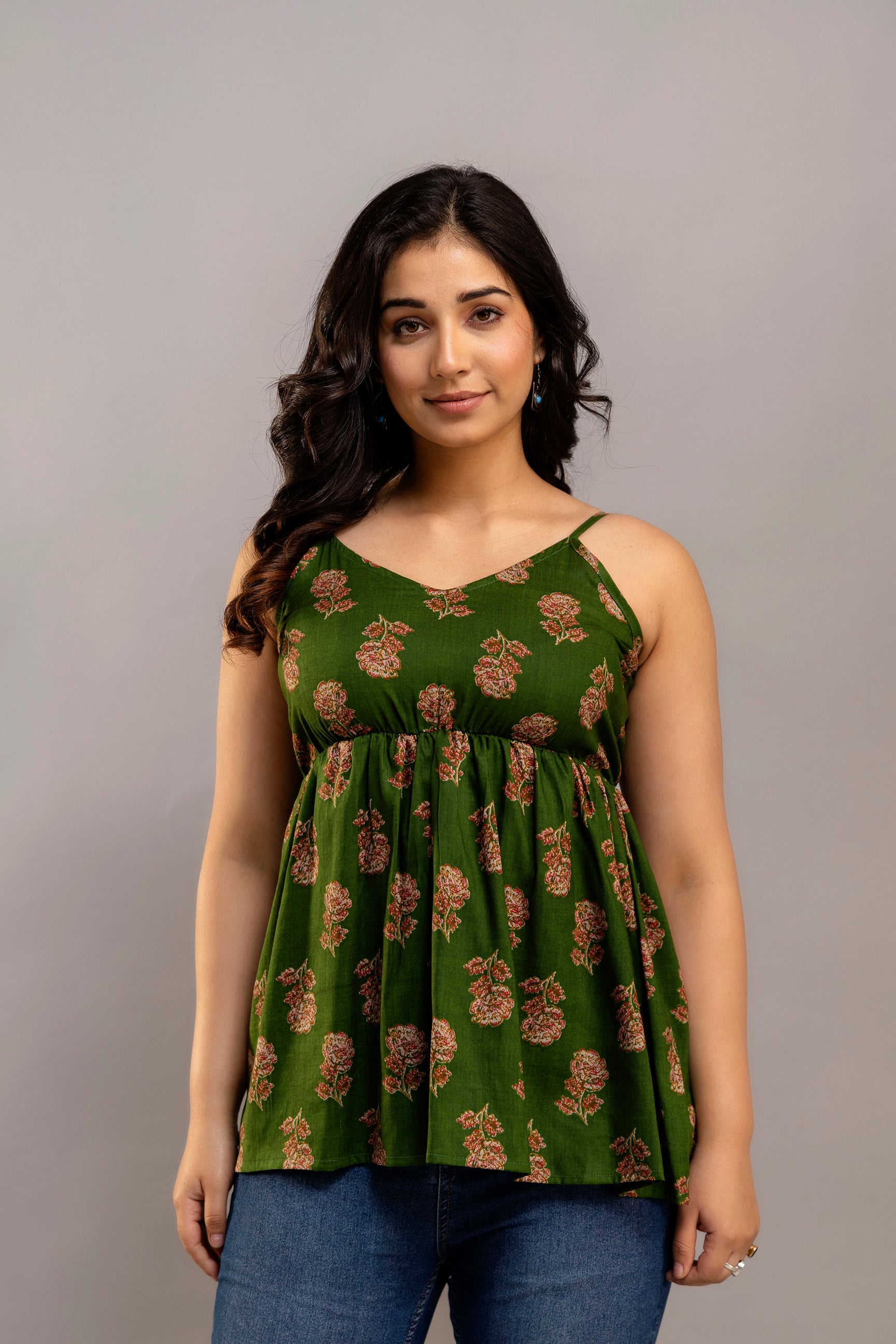 Green Floral Cotton Sleeveless Flared Top for Women