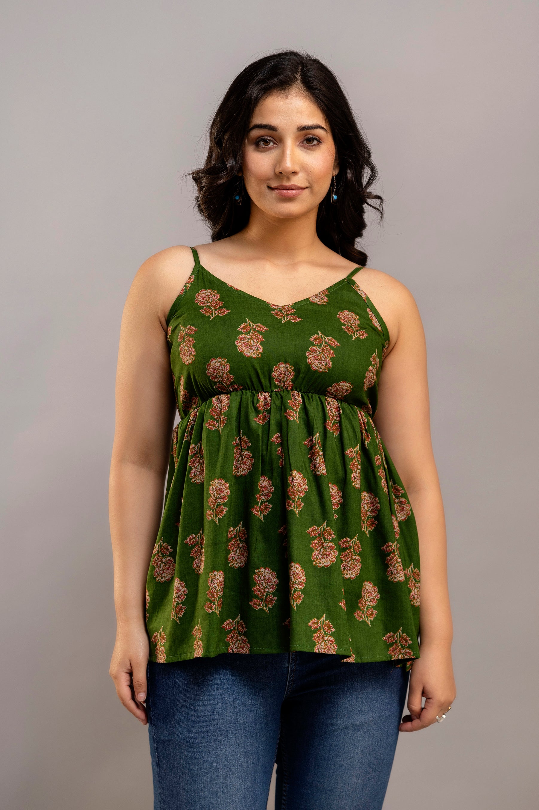 Green Floral Cotton Sleeveless Flared Top for Women