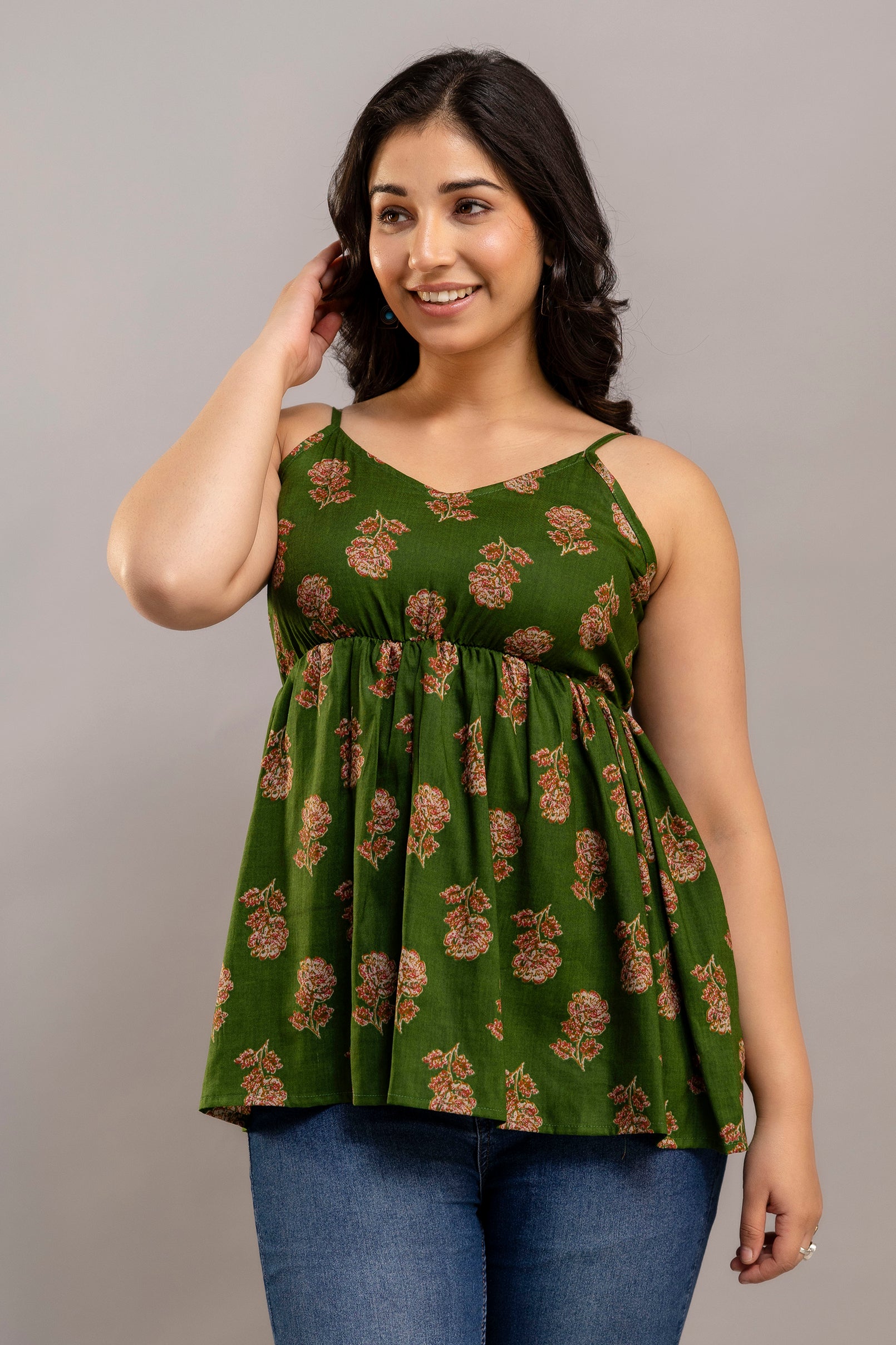 Green Floral Cotton Sleeveless Flared Top for Women