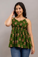 Green Floral Cotton Sleeveless Flared Top for Women