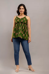 Green Floral Cotton Sleeveless Flared Top for Women