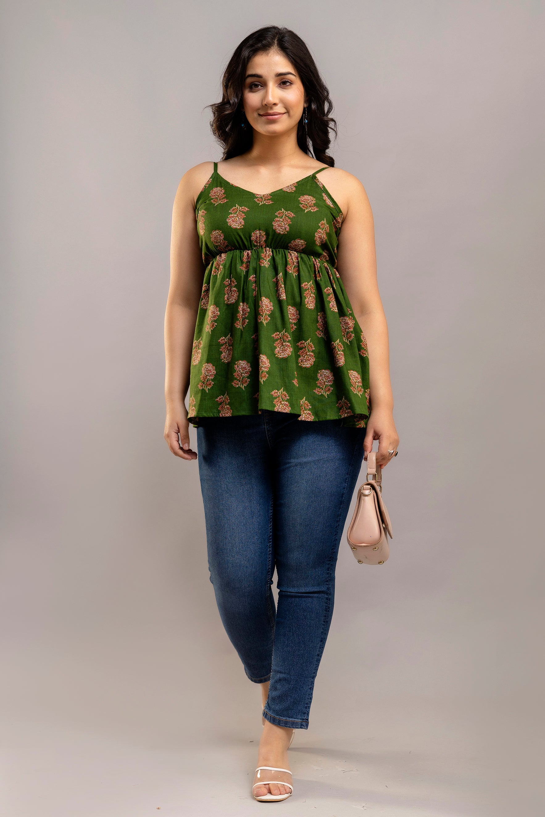 Green Floral Cotton Sleeveless Flared Top for Women