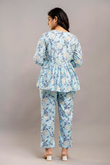 Light Blue Floral Cotton Co-Ord Set for Women (Top & Pants)