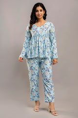 Light Blue Floral Cotton Co-Ord Set for Women (Top & Pants)