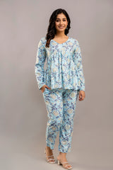 Light Blue Floral Cotton Co-Ord Set for Women (Top & Pants)