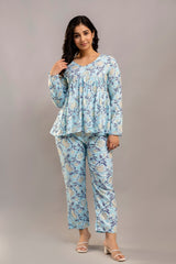 Light Blue Floral Cotton Co-Ord Set for Women (Top & Pants)