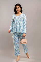 Light Blue Floral Cotton Co-Ord Set for Women (Top & Pants)
