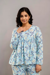 Light Blue Floral Cotton Co-Ord Set for Women (Top & Pants)